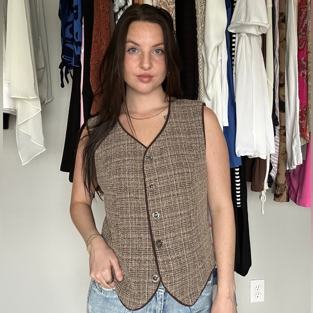 Brown Tweed Button Front Vest Vintage Style Academia Size M
